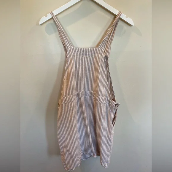 Cali 1850 Women Dress Large Beige White Stripe Overall Linen Blend Pockets Mini - Picture 5 of 5
